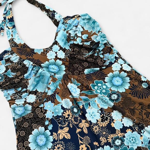 VTG Y2K IZ Byer California Dark Brown & Blue Floral Boho Backless Halter Top M - Picture 6 of 7